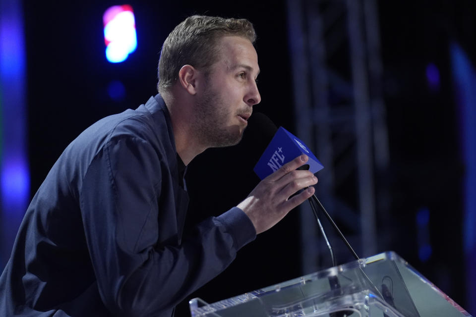 Detroit Lions quarterback Jared Goff speaks during the first round of the NFL football draft, Thursday, April 25, 2024, in Detroit. (AP Photo/Jeff Roberson)