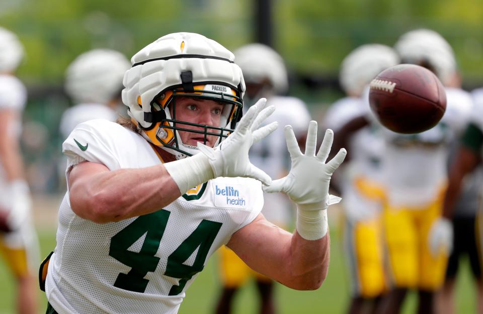 Green Bay Packers fullback Henry Pearson (44) during training camp on Aug. 1, 2023, in Ashwaubenon, Wis.