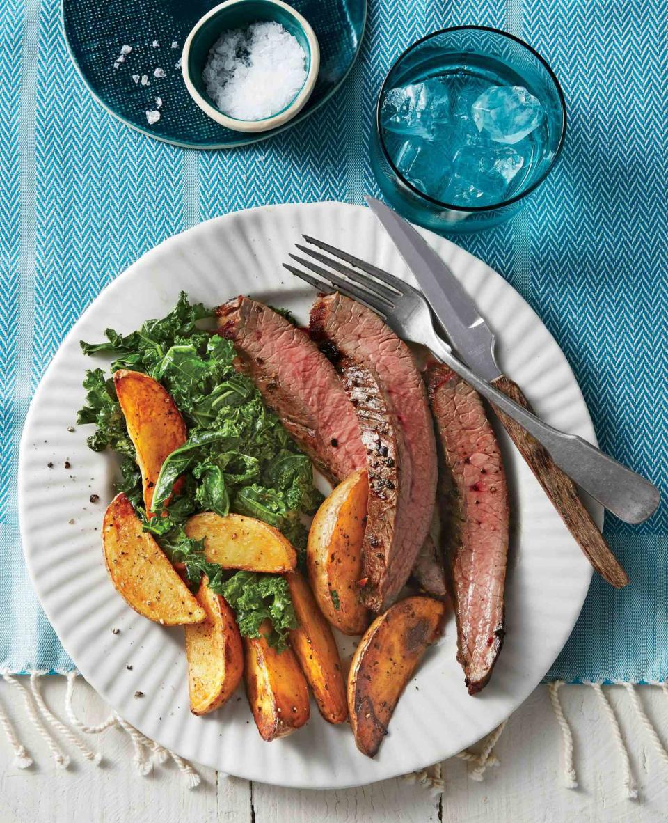 Sheet Pan Flank Steak, Greens, and Yukon Gold Fries