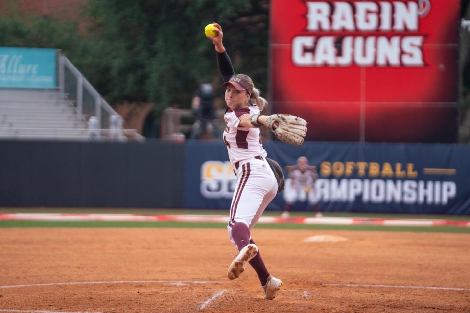 Texas State softball pitcher Jessica Mullins fires a pitch during a game this 2023 season against Louisiana. The junior from Barbers Hill is a three-time All-Sunbelt selection.