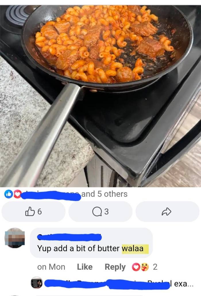 Pan of pasta with meat sauce on stove. Facebook post with 6 reactions and a comment reading, "Yup add a bit of butter walaa."