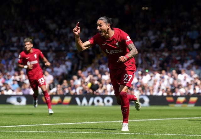 Liverpool’s Darwin Nunez celebrates scoring