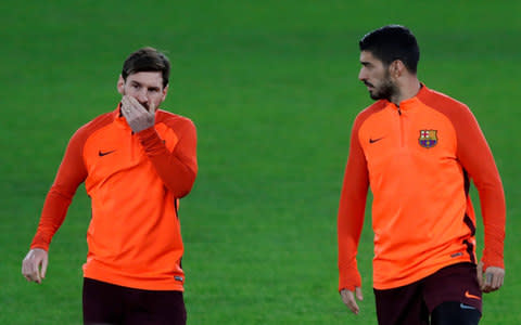 Lionel Messi and Luis Suarez in training at Stamford Bridge - Credit: Reuters