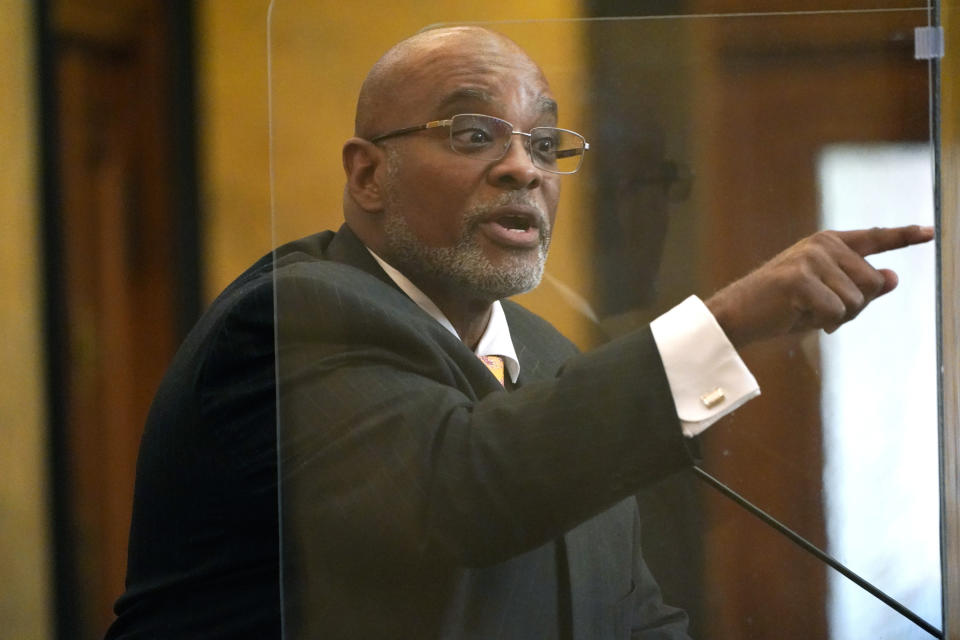 State Rep. John Hines Sr., D-Greenville, argues against legislation that would limit how race can be taught in schools and universities, Thursday, March 3, 2022, in the House Chamber at the Mississippi Capitol in Jackson. Black lawmakers raised concerns that if the bill becomes law, it would stifle honest lessons about racism. The white lawmaker who explained the bill said repeatedly that it would not prevent the teaching of history, but would only prevent teaching that any person is superior or inferior because of race, sex or national origin. (AP Photo/Rogelio V. Solis)