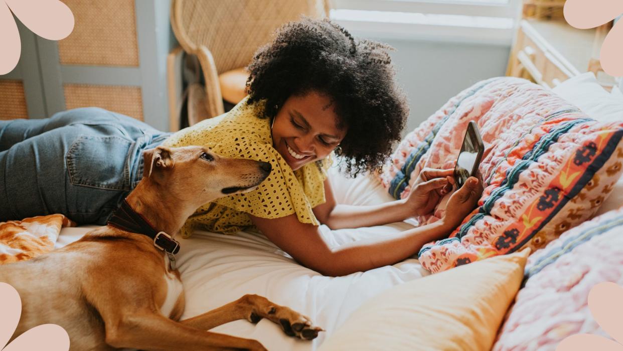  Woman in bed with dog to support advice on why you should never share the bed with your pets in your bed in September  . 