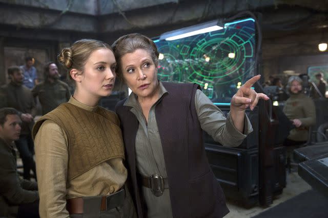 Lucas Films Star Wars: The Force Awakens (2015) Billie Lourd (L) as Lt. Connix and Carrie Fisher as General Leia.