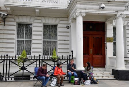 Ratcliffe, the husband of jailed British-Iranian aid worker Nazanin Zaghari-Ratcliffe speaks with supporters as he stages a vigil and goes on hunger strike outside of the Iranian embassy in London