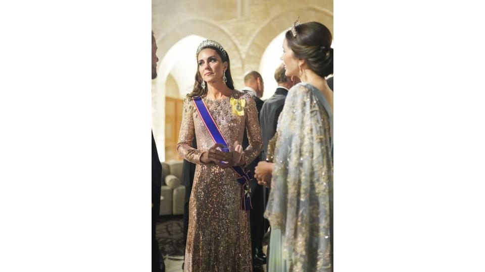 Princess Kate in a pink sparkly gown and tiara with Queen Mary