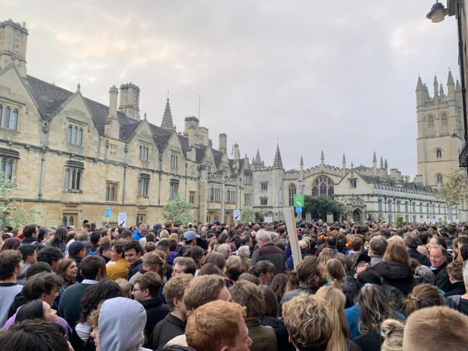 Oxford Mail: The crowd stood cheek by jowl across Magdalene Bridge and the High Street for the 6am choral