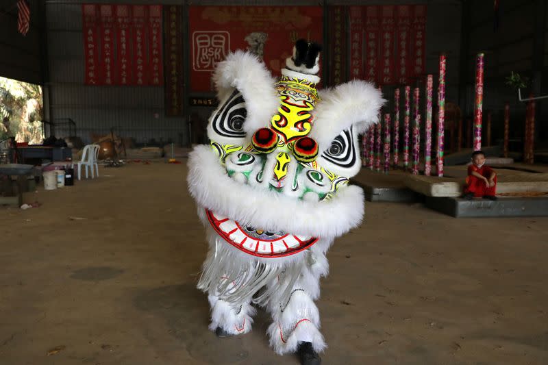 Members of Kun Seng Keng Lion and Dragon Dance Association, demonstrate a traditional Chinese lion dance at a training centre, during an interview with Reuters