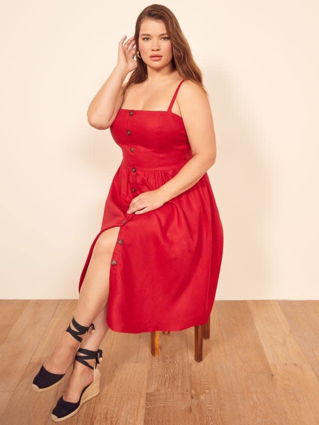 Available in sizes 14 to 22. <strong><a href="https://fave.co/2HJtOzp" target="_blank" rel="noopener noreferrer">Get it at Reformation, $198</a></strong>.