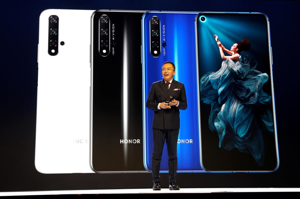 President of Huawei's Honor brand, George Zhao, launches the Honor 20 range of smartphones at an event in London, Britain, May 21, 2019.  REUTERS/Peter Nicholls