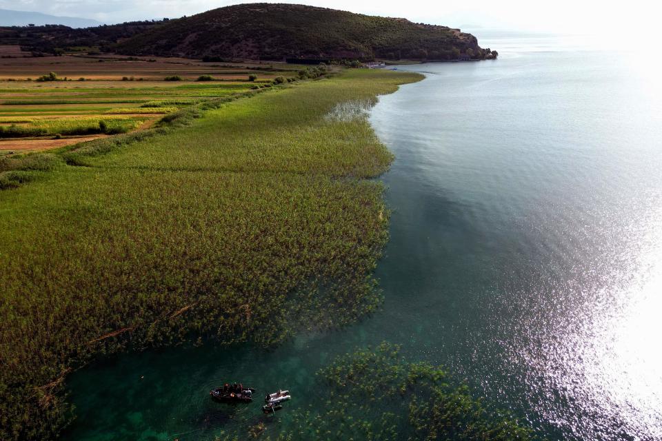 This aerial photograph taken on July 27, 2023, shows divers searching for archaeological material in Lake Ohrid, southeastern Albania.  / Credit: ADNAN BECI/AFP via Getty Images