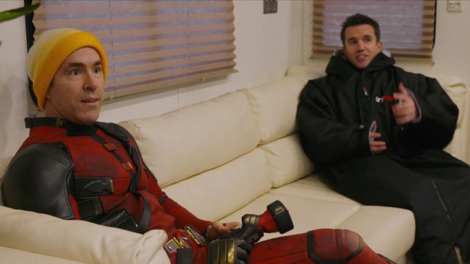 Ryan Reynolds and Rob McElhenney chatting on the Deadpool 3 set  in FX's Welcome to Wrexham