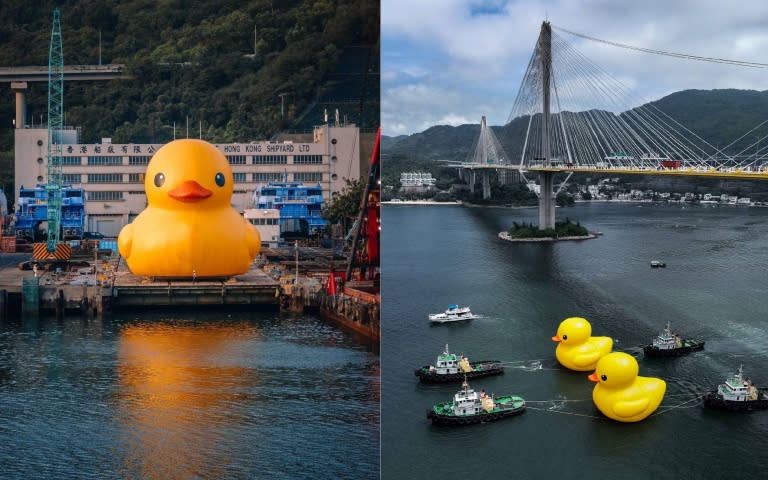 高約18米的2隻黃色小鴨下海試水，可愛模樣引起香港民眾搶拍。（圖／AllRightsReserved提供）