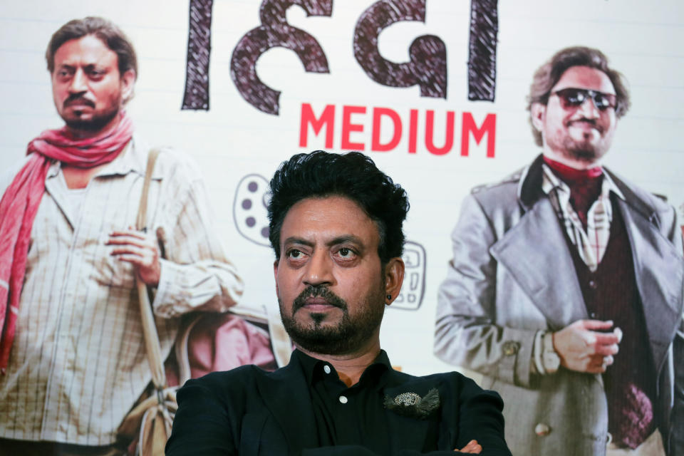 FILE - In this May 17, 2017 file photo, Bollywood actor Irrfan Khan appears at a press conference to promote his film, "Hindi Medium" in Ahmadabad, India. Khan has appeared in films such as “Slumdog Millionaire” and “Jurassic World,” but now the actor is facing the biggest challenge of his life as he undergoes treatment for cancer in London. (AP Photo/Ajit Solanki, File)