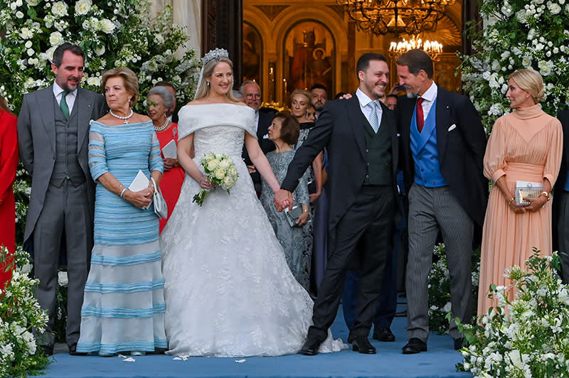 ATHENS, GREECE - SEPTEMBER 28: Theodora of Greece and Matthew Kumar leave the Metropolis Greek Orthodox Cathedral where they were married on September 28, 2024 in Athens, Greece. (Photo by Milos Bicanski/Getty Images)