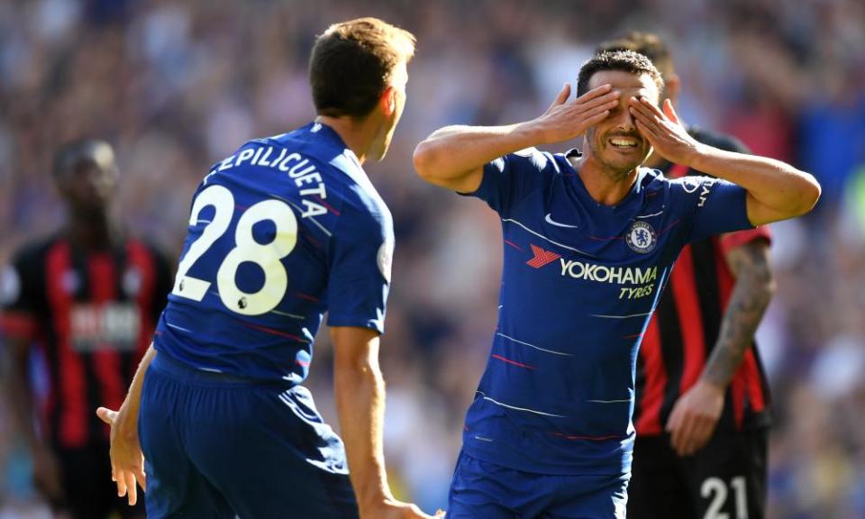 Pedro celebrates with César Azpilicueta after his opening goal against Bournemouth.