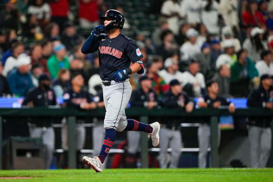 Cleveland Guardians’ Tyler Freeman jogs home after hitting a solo home run against the Seattle Mariners during the sixth inning of a baseball game Monday, April 1, 2024, in Seattle. (AP Photo/Lindsey Wasson)