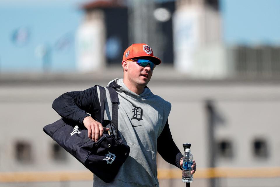 Detroit Tigers first baseman Spencer Torkelson gets ready for practice during spring training at Tigertown in Lakeland, Fla. on Wednesday, Feb. 14, 2024.