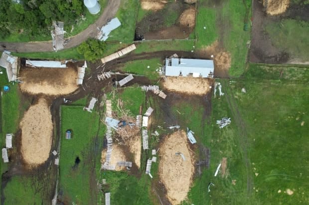 A bird's-eye view of damage to a farm property from one of the three tornadoes that struck in an area of southwestern Manitoba on June 20, 2023.