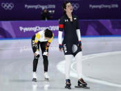 <p>Carlijn Schoutens of the United States and Jelena Peeters of Belgium react after the women’s 5,000 meters speedskating race at the Gangneung Oval at the 2018 Winter Olympics in Gangneung, South Korea, Friday, Feb. 16, 2018. (AP Photo/John Locher) </p>