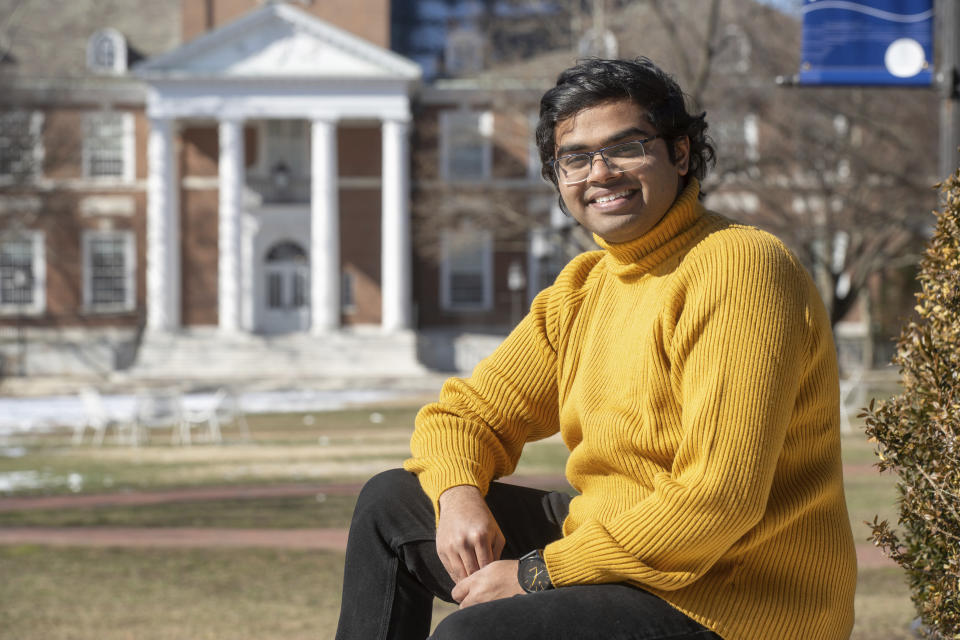 Pranay Karkale, a first-year graduate student at Johns Hopkins University from Nashik, India, stands at the university's campus in Baltimore on Sunday, Feb. 18, 2024. Karkale is working toward his Master of Science in engineering management. (AP Photo/Steve Ruark)