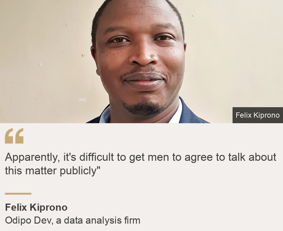 "Apparently, it's difficult to get men to agree to talk about this matter publicly"", Source: Felix Kiprono, Source description: Odipo Dev, a data analysis firm, Image: 