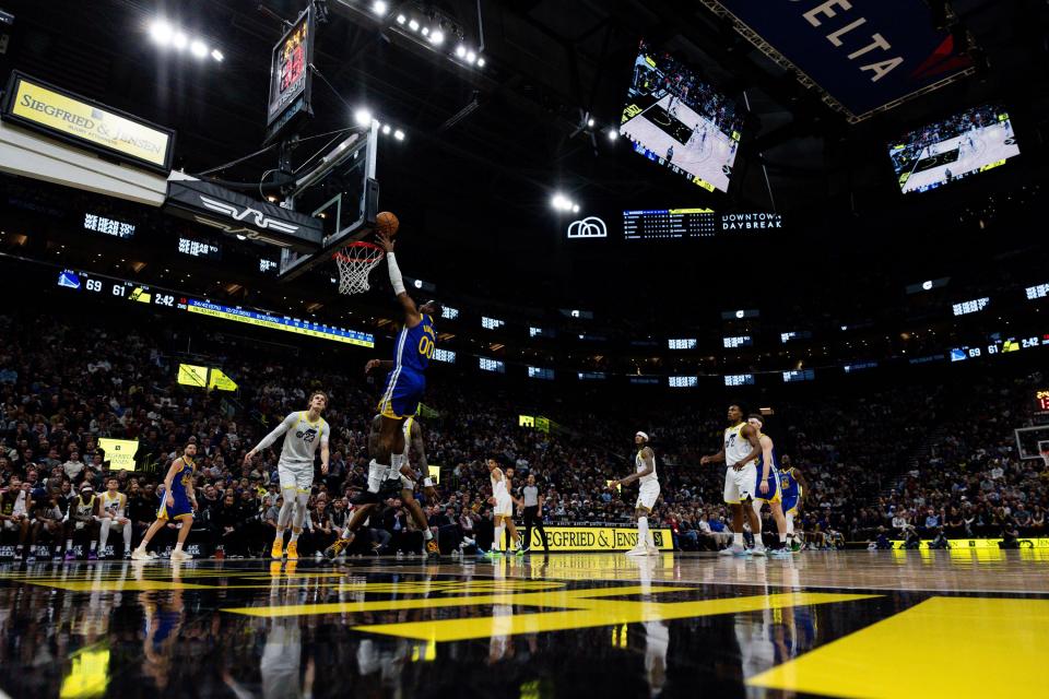 Golden State Warriors forward Jonathan Kuminga (00) shoots the ball during the NBA basketball game between the Utah Jazz and the Golden State Warriors at the Delta Center in Salt Lake City on Thursday, Feb. 15, 2024. | Megan Nielsen, Deseret News