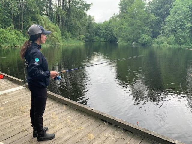 Freshwater fishing with fishing rods on the shore of the pond