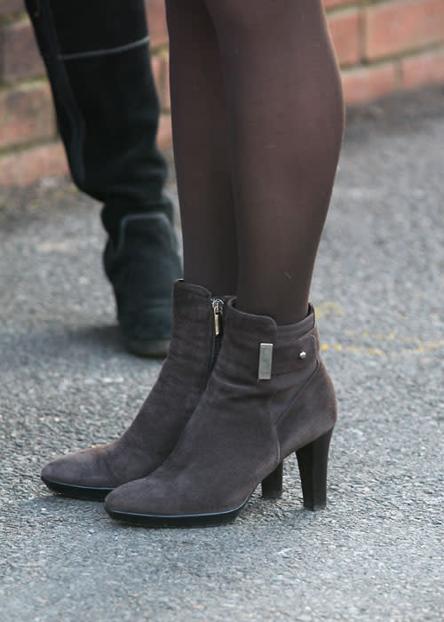 A close-up view of the shoes worn by Catherine, Duchess of Cambridge as she arrives at Rose Hill Primary School during a visit to Oxford on February 21, 2012 in Oxford, England. The visit is in association with the charity Art Room who work with children to increase self-confidence and self-esteem. (Photo by Chris Jackson/Getty Images)