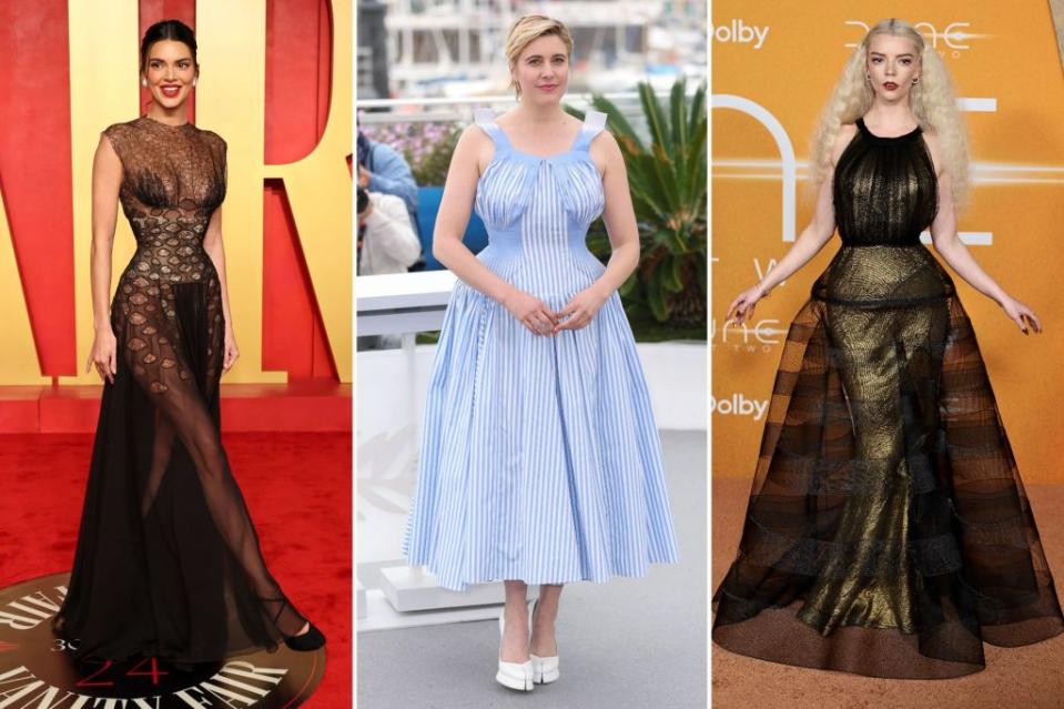 From left: In three Maison Margiela looks, Kendall Jenner attends the 2024 Vanity Fair Oscar Party, Greta Gerwig serves as president of the jury at the 77th Cannes Film Festival and Anya Taylor-Joy promotes “Dune: Part Two” at the film’s New York premiere. Images: Getty