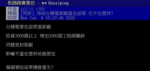 原PO好奇台積電為什麼要在苗栗設廠。（圖／翻攝自PTT）