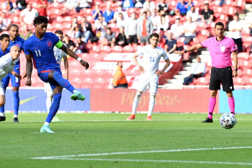 Marcus Rashford scored a penalty during England’s Euro 2020 warm-up win over Romania in Middlesbrough (POOL/AFP via Getty Images)