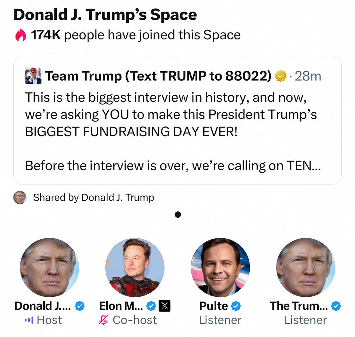 What many viewers were greeted with when they tried to join the conversation between Elon Musk and Donald Trump live on Spaces (@realdonaldtrump/X/Reuters)