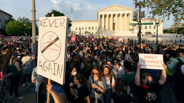 PHOTO: Demonstrators protest outside of the U.S. Supreme Court, May 3, 2022 in Washington. (Alex Brandon/AP, FILE)