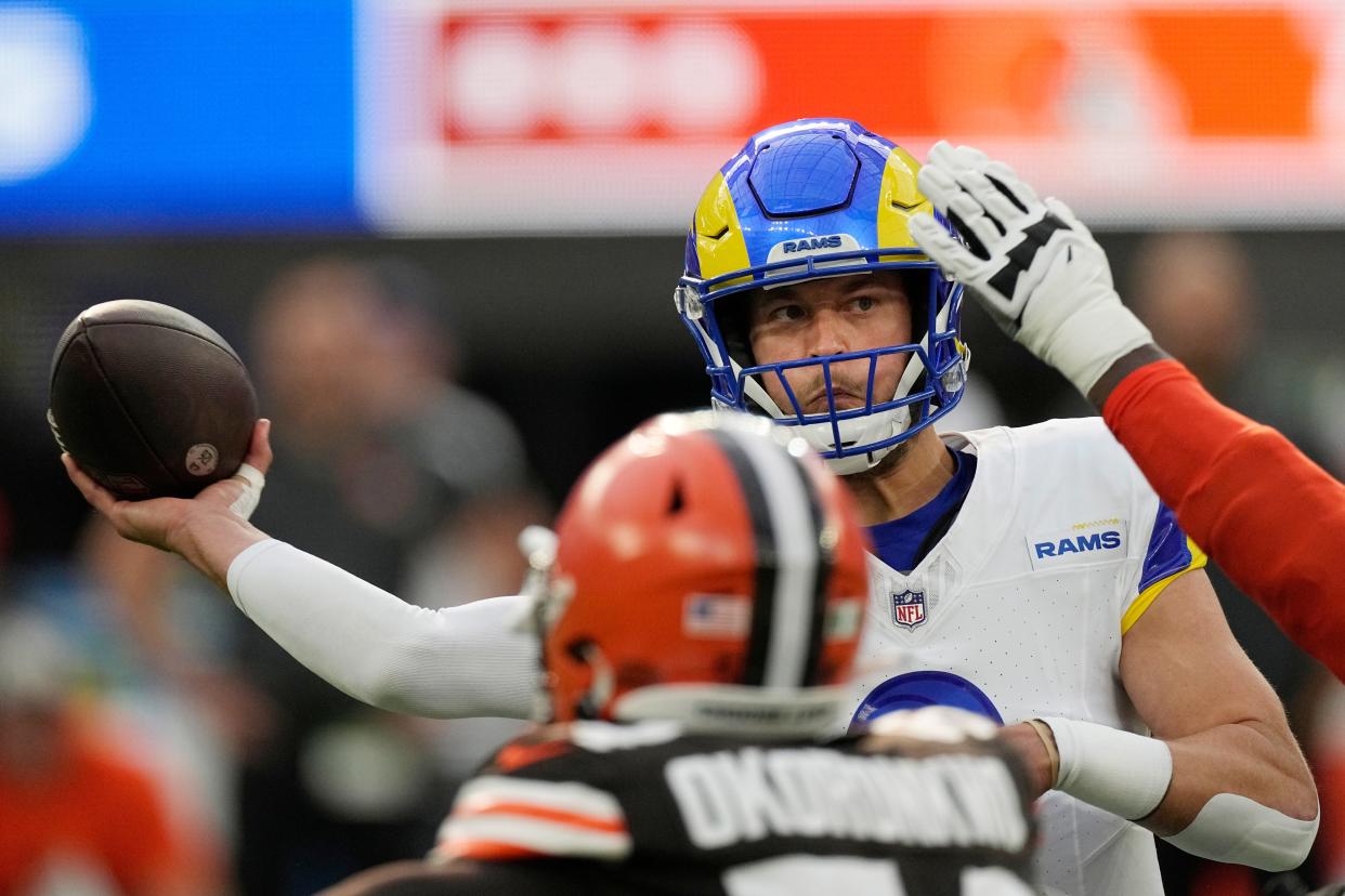 Los Angeles Rams quarterback Matthew Stafford (9) throws during the first half of an NFL football game against the Cleveland Browns, Sunday, Dec. 3, 2023, in Inglewood, Calif. (AP Photo/Mark J. Terrill)