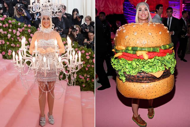 <p>Sean Zanni/Patrick McMullan via Getty; Kevin Mazur/MG19/Getty</p> Katy Perry at the 2019 Met Gala (left) and afterparty (right)