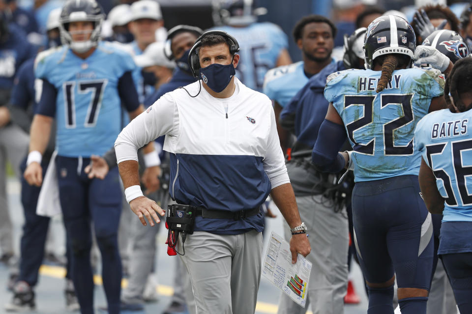 Tennessee Titans head coach Mike Vrabel watches from the sideline in the first half of an NFL football game against the Pittsburgh Steelers Sunday, Oct. 25, 2020, in Nashville, Tenn. (AP Photo/Wade Payne)