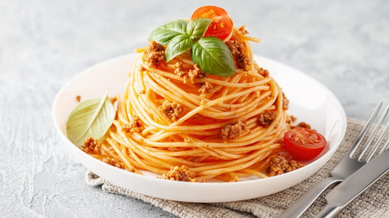 Spaghetti Bolognese in white plate