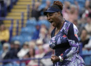 Serena Williams of the United States celebrates after scoring a point during their doubles tennis match with Ons Jabeur of Tunisia against Marie Bouzkova of Czech Republic and Sara Sorribes Tormo of Spain at the Eastbourne International tennis tournament in Eastbourne, England, Tuesday, June 21, 2022. (AP Photo/Kirsty Wigglesworth)