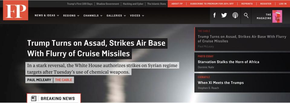 World response in headlines to U.S. Syria Strikes: Foreign Policy