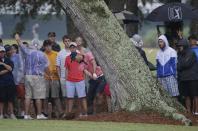 Martin Kaymer of Germany, hits from behind a tree off the 15th fairway during the final round of The Players championship golf tournament at TPC Sawgrass, Sunday, May 11, 2014 in Ponte Vedra Beach, Fla. Kaymer made double bogey on the hole but went on to win the championship. (AP Photo/John Raoux)