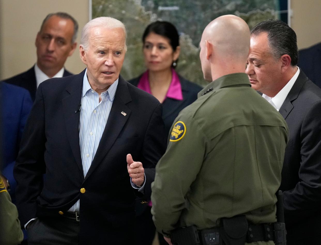 President Joe Biden participates in a briefing at the Border Patrol station in Brownsville on Thursday. Biden traveled to Texas to meet with those dealing with the immigration crisis and to discuss the need for Congress to pass border security legislation.