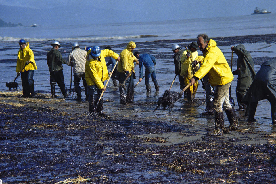 FILE- In this Feb. 6, 1969, file photo, state forestry conservation crews gather up oil-soaked straw on a beach in Santa Barbara, Calif. Fifty years after the first Earth Day helped spur activism over air and water pollution and disappearing plants and animals, significant improvements are undeniable but monumental challenges remain. Minority communities suffer disproportionately from ongoing contamination. Deforestation, habitat loss and overfishing have wreaked havoc on global biodiversity. And the existential threat of climate change looms large. (AP Photo/Wally Fong, File)