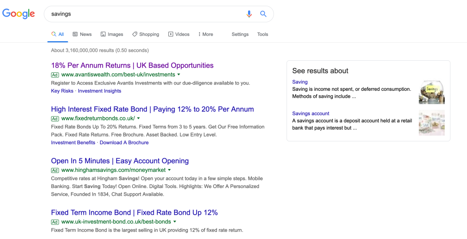 Bond adverts alongside savings results. Photo: Yahoo Finance UK/Screenshot