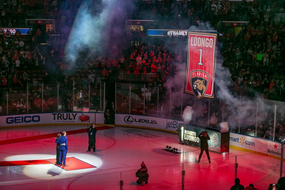 Florida Panthers retire goalie Roberto Loungo’s number one jersey during retirement ceremony at the BB&T Center in Sunrise on Saturday, March 7, 2020.