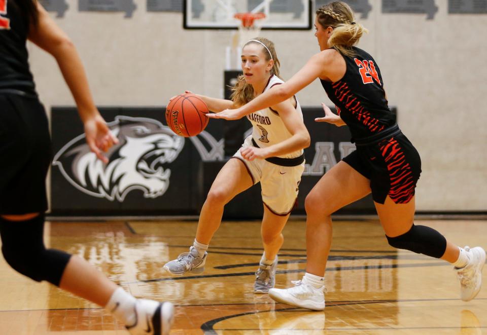 Strafford's Elsie Larsen drives downcourt as they take on the Republic Lady Tigers during the 35th Willard Basketball Classic at Willard High School on Wednesday, Nov. 30, 2022.