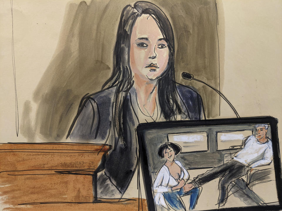 FILE - In this courtroom sketch, FBI analyst Kimberly Meder testifies during Ghislaine Maxwell's sex-abuse trial about a photo, shown on video, showing Maxwell, left, massaging Jeffery Epstein's foot at his home,Tuesday, Dec. 7, 2021, in New York. (AP Photo/Elizabeth Williams, File)