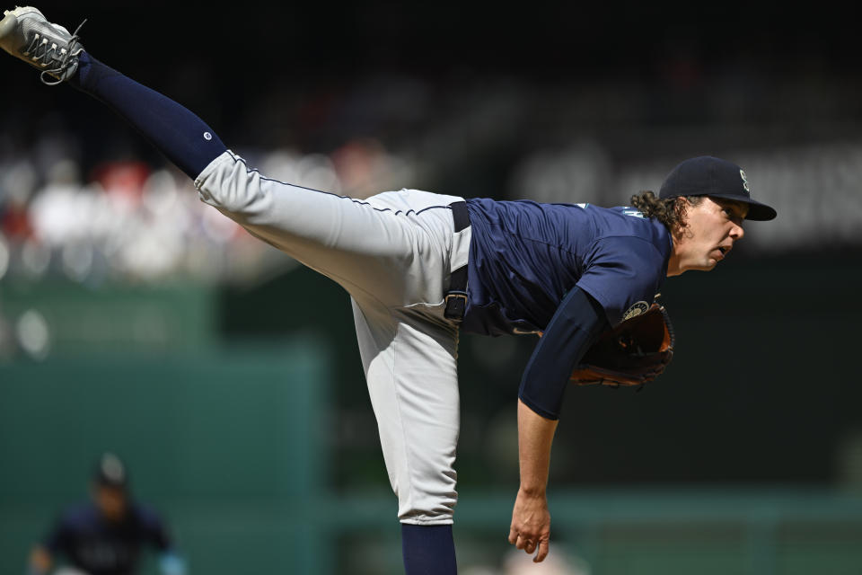 Seattle Mariners starting pitcher Logan Gilbert follows through during the second inning of a baseball game against the Washington Nationals, Saturday, May 25, 2024, in Washington. (AP Photo/John McDonnell)